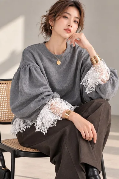 袖レース ボリュームスリーブ グレートップス 長袖 大人カジュアル きれいめ