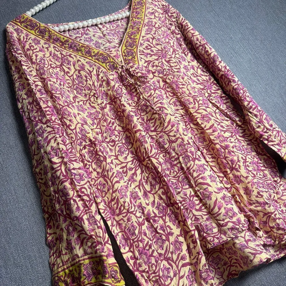 インド製コットン 花柄 Vネック 七分袖 ブラウス チュニック M-L
