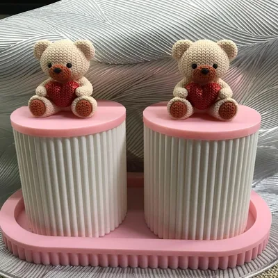 くまさん付き小物入れ 2個セット&トレー ピンク ハンドメイド