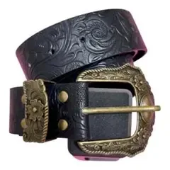 花柄型押し ウエスタンベルト 黒 金古美バックル 合皮 アメカジ 男女兼用