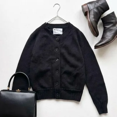 MHL. ウール ニット カーディガン 黒 クルーネック