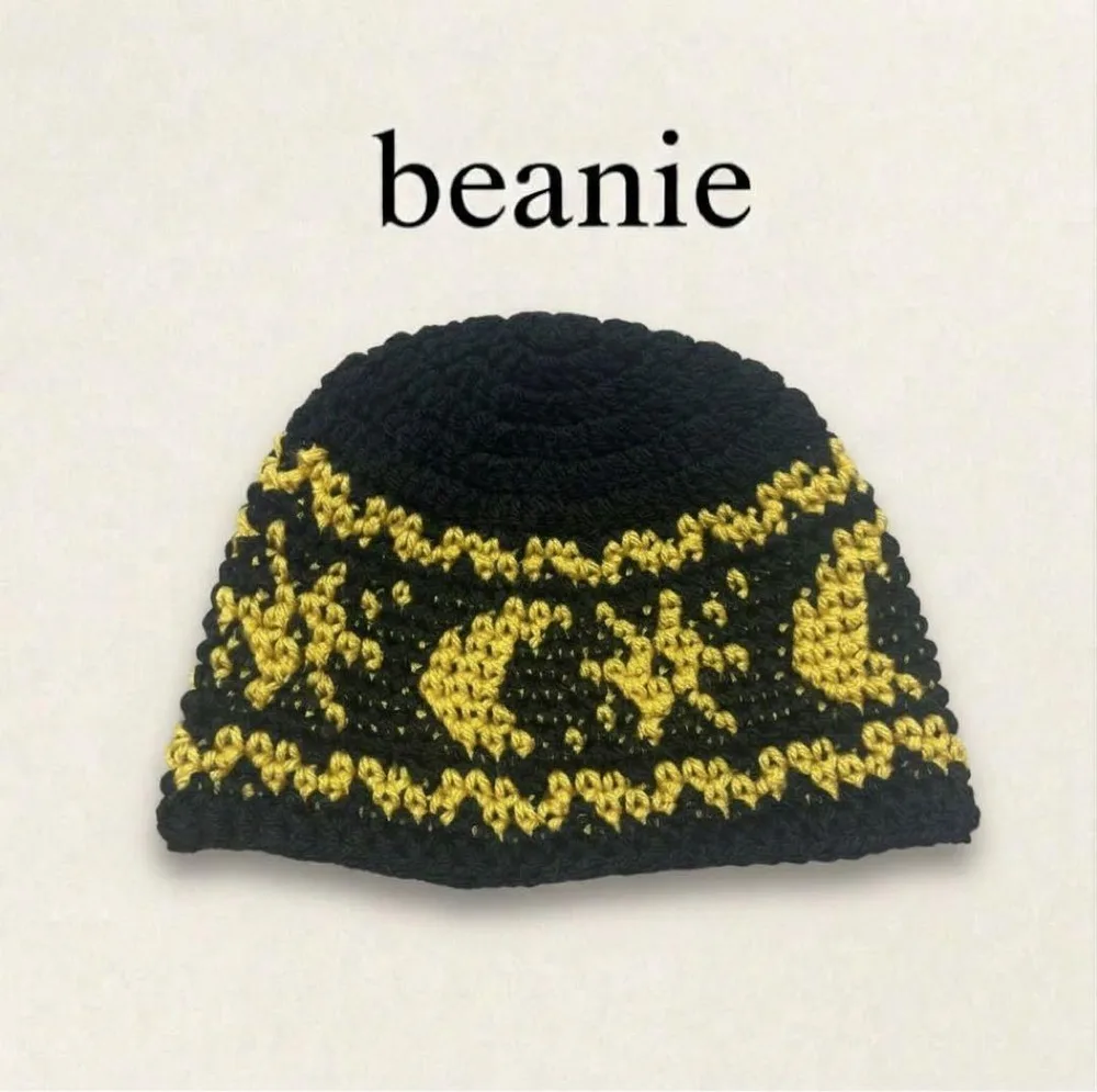 ハンドメイド ニット帽 ビーニー ブラック×イエロー