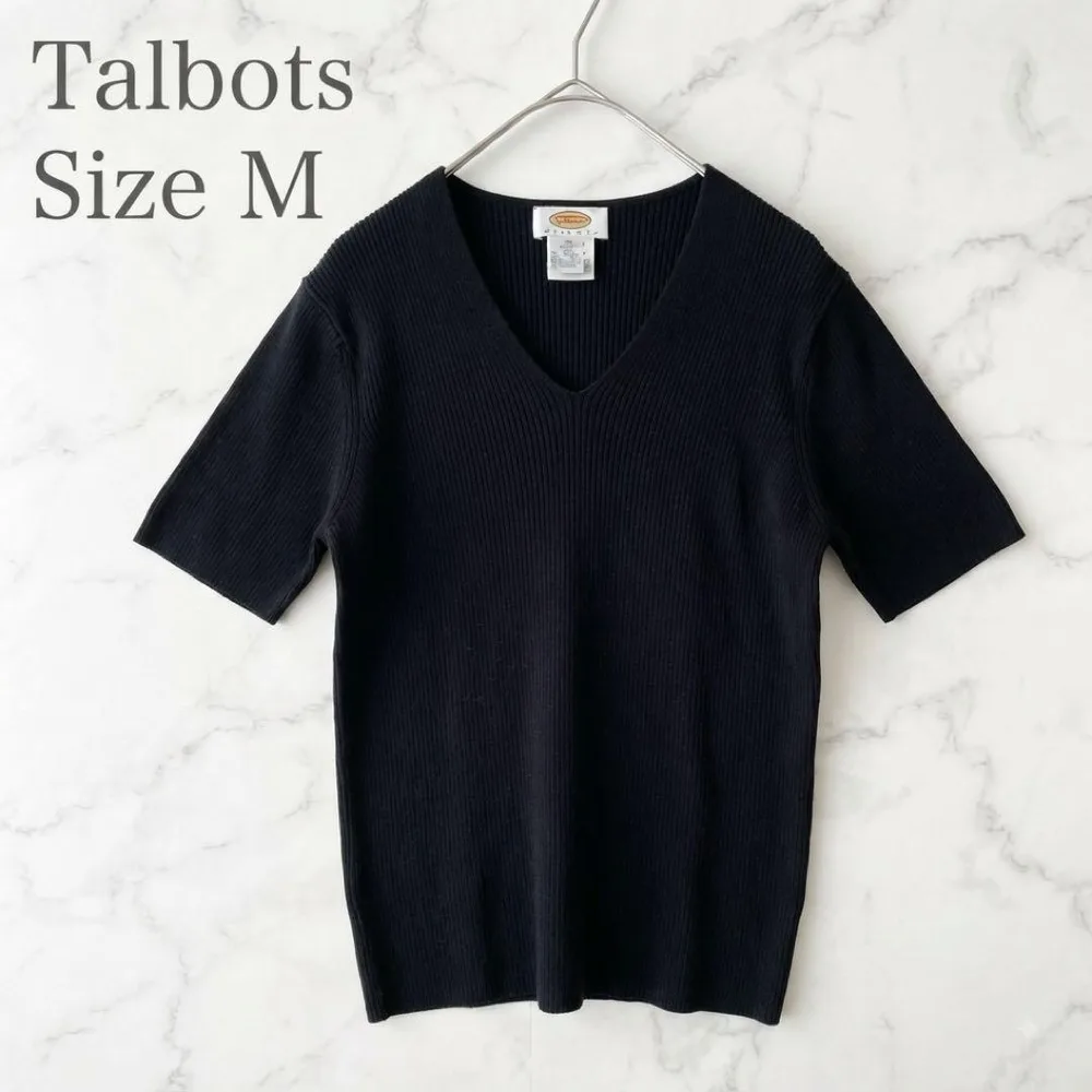 【美品】Talbots 上質100%コットン Vネック半袖ニット ブラックM 秋
