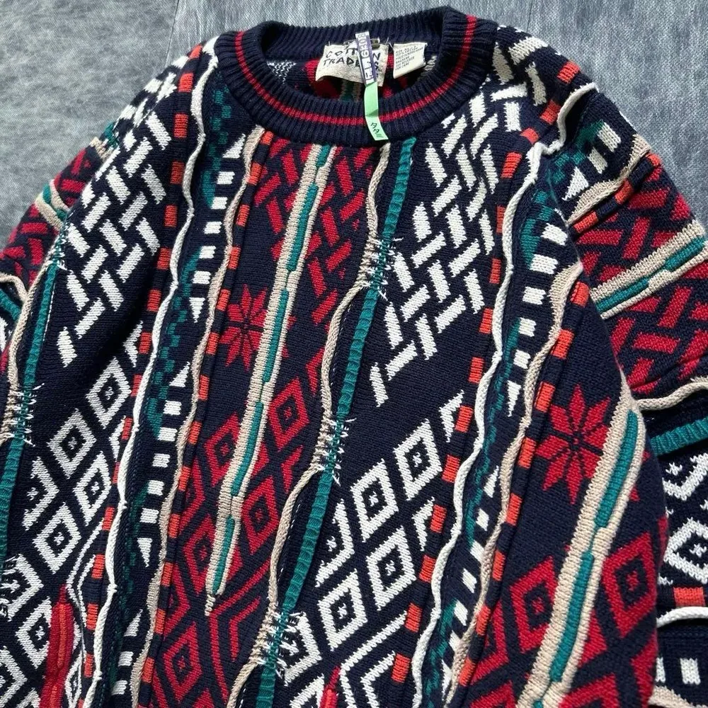 【クリーニング済・希少XL/T】90sコットントレーダース 3Dニット長袖総柄