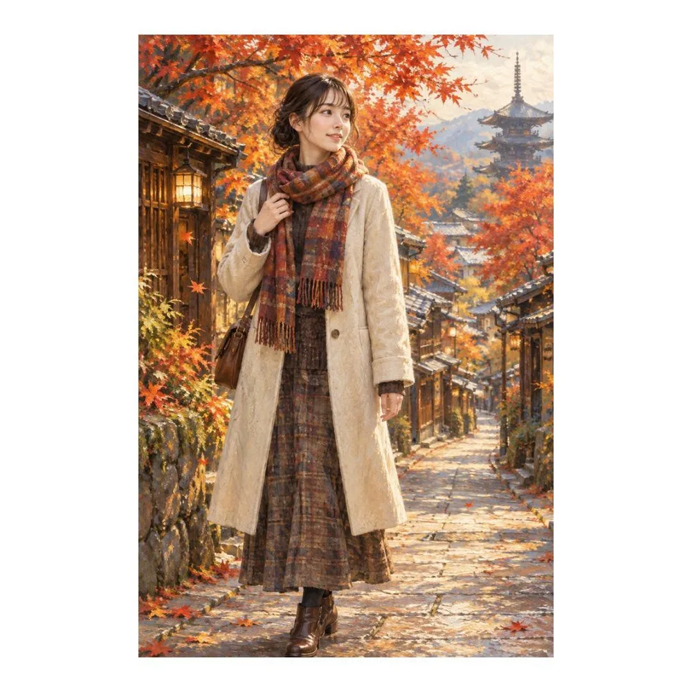古都の紅葉と冬服の女性の繊細な油彩風アート A4 インテリア【BW122】
