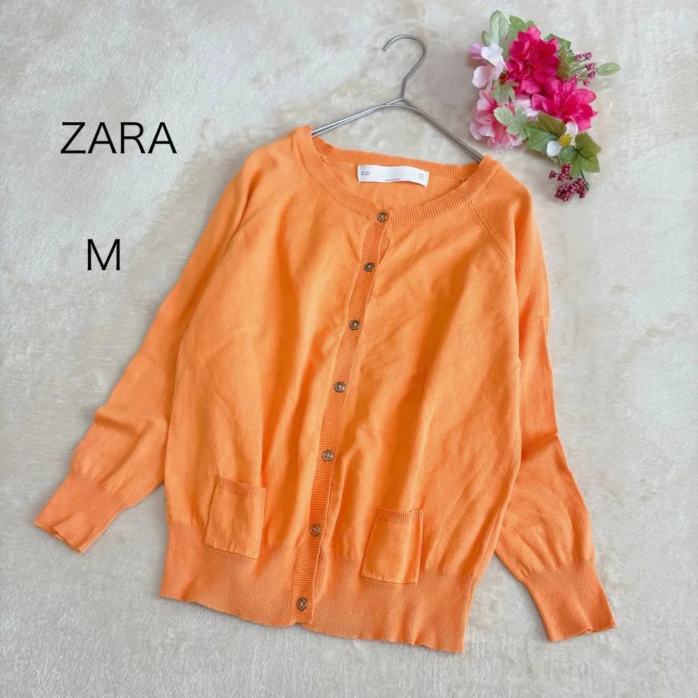 【ZARA ザラ】クルーネックカーディガン 長袖 薄手 ポケット付 オレンジ M