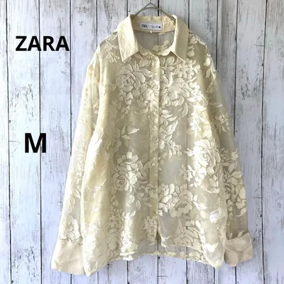 【ZARA】ザラ 花柄刺繍シアー長袖シャツブラウス アイボリーMシースルー透け感
