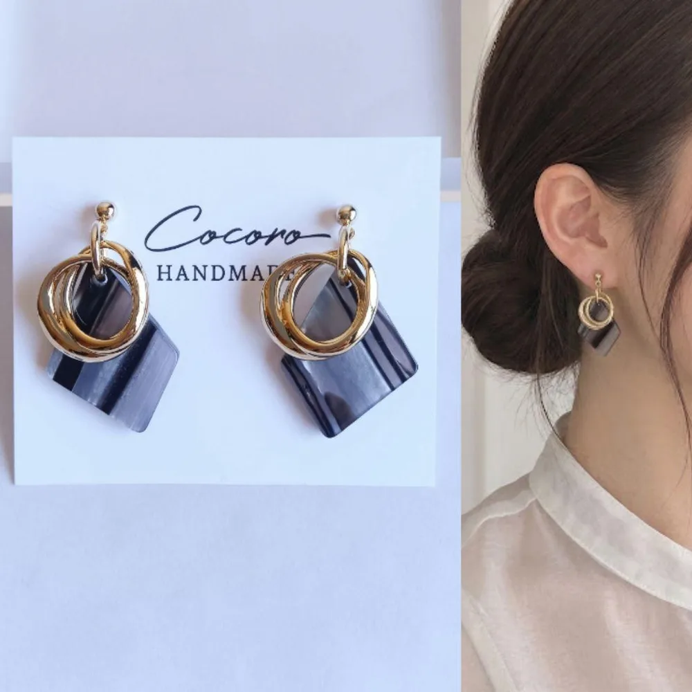 【019】ストライププレート/2重リング イヤリング ピアス ハンドメイド