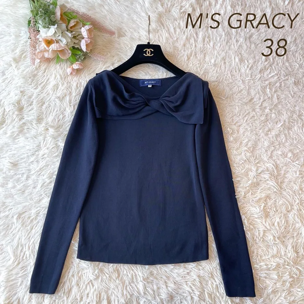極美品 M'S GRACY リボンモチーフ 長袖 ニット ネイビー 38