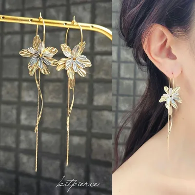No.442 メタルFlower×ゆらゆら華奢スティック とろみチェーン ピアス