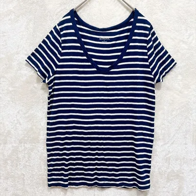メローナ 半袖Tシャツ Vネック ボーダー L 紺 レーヨン デイリー