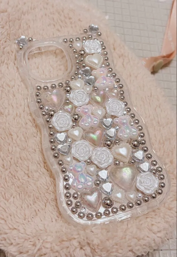 ハンドメイド デコ iPhone14.15ケース ホワイト