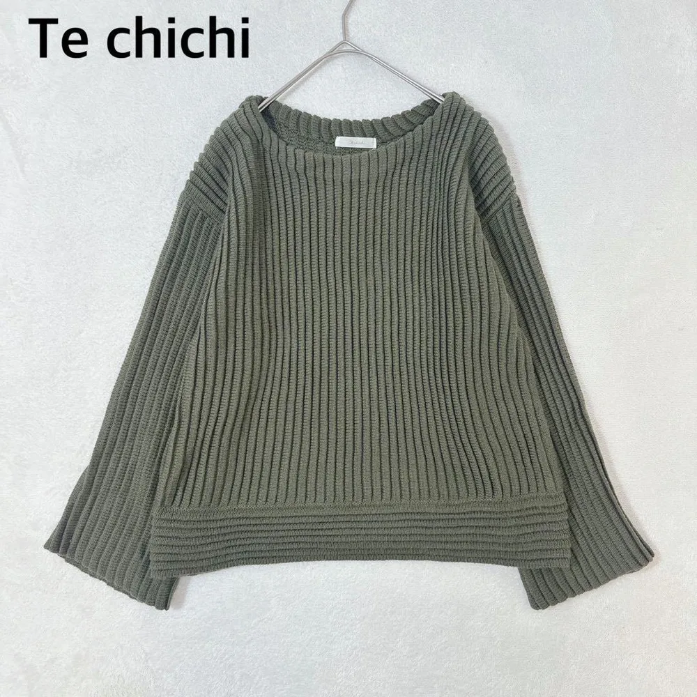 テチチ 厚手 リブ編み ニット M セーター カーキ ボートネック フレア袖