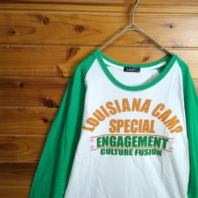 ラグランTシャツ 長袖Tシャツ デザインプリント バックプリント 白 緑 古着