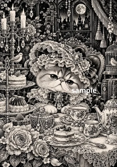 【L判】猫の点描アート 幻想的な猫のイラスト 癒しのインテリアヒーリング
