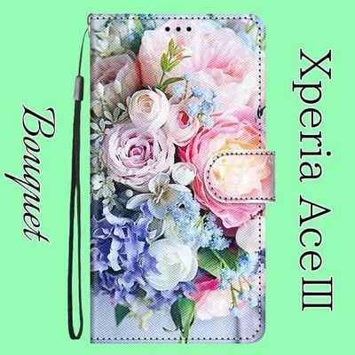 Xperia Ace III 専用 手帳型ケース 花柄 ストラップ付