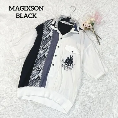 マジクソン BLACK 半袖シャツ 総柄 切替 M ハーフボタン 透け感 古着