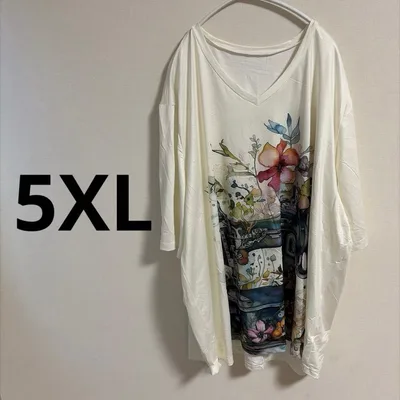 ノーブランド チュニック Vネック 五分袖 花柄 5XL 白 ポリエステル
