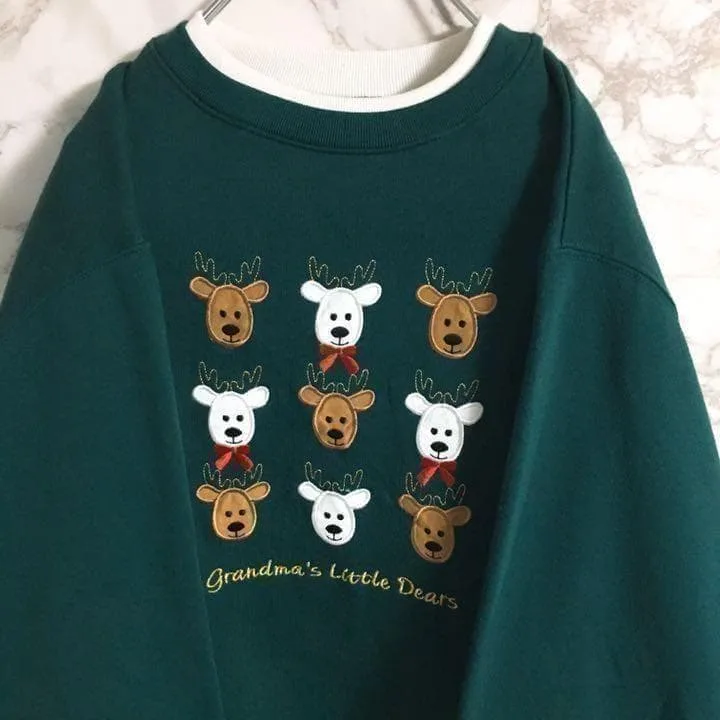 【大人気カラー グリーン】アニマル刺繍 裏起毛スウェット アースカラー L