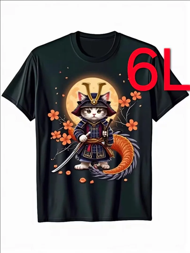 13-153 新品 6L 甲冑を身につけた侍の姿の猫 和風プリント 和柄プリント