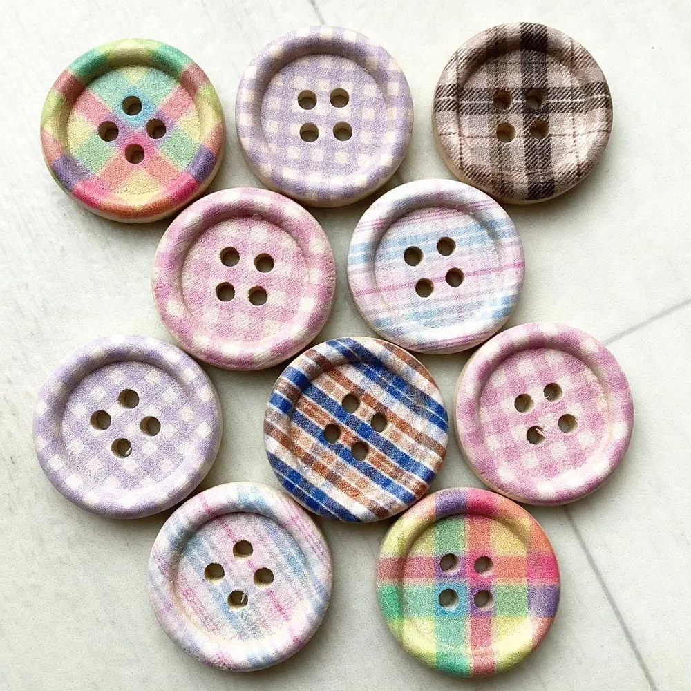ウッドボタン☆チェック柄☆木製ボタン10個セット