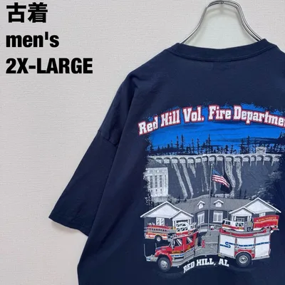 US古着 レッドヒル 消防団 プリント Tシャツ 奇抜 ビッグサイズ ネイビー