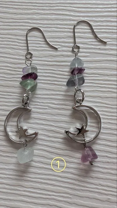 ハンドメイド フローライト 月と星 ピアス イヤリング