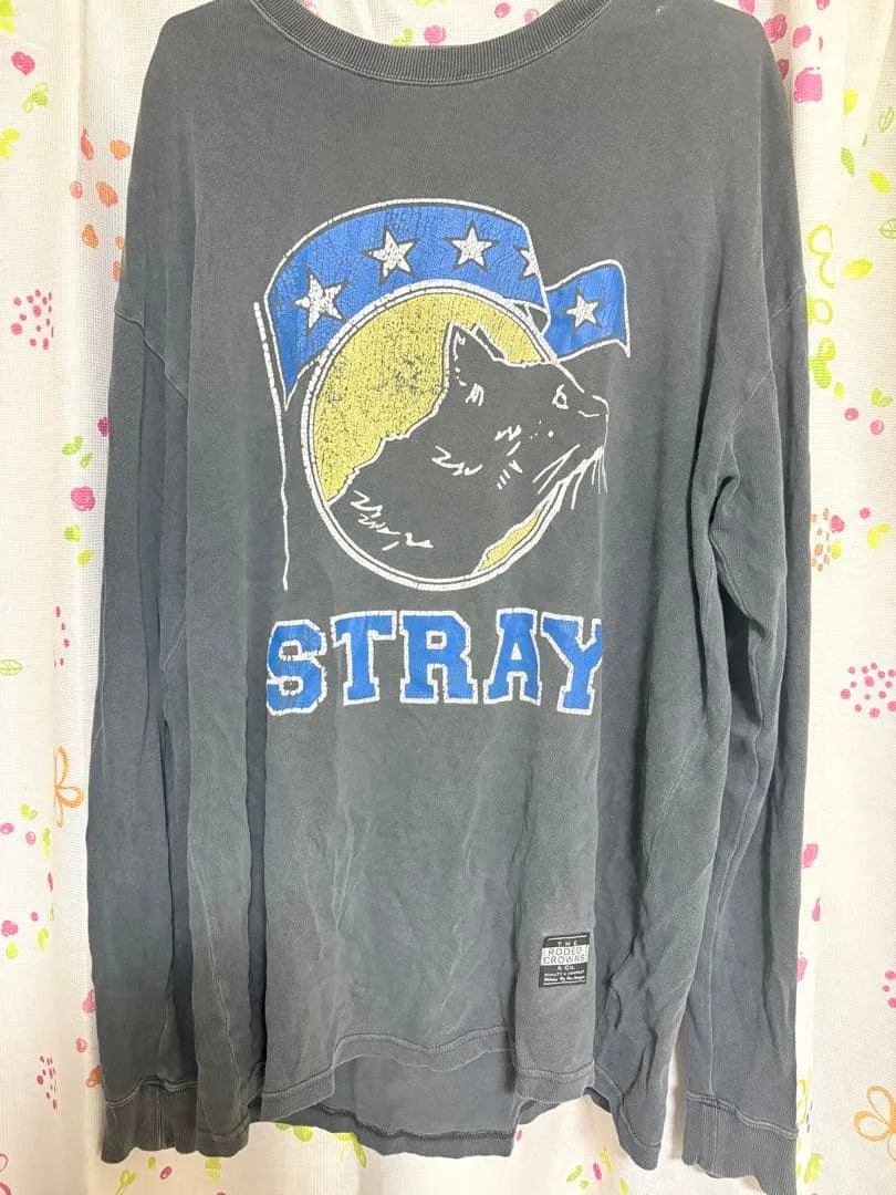 RODEO CROWNS 長袖Tシャツ グレー 猫プリント 古着風ヴィンテージ風