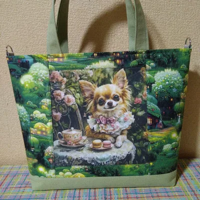 かわいいチワワちゃん両面パネルハンドメイドトートバッグ(手持ちタイプ)
