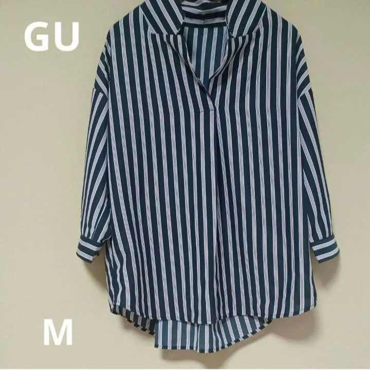 GU ストライプ 長袖 シャツ ネイビー M