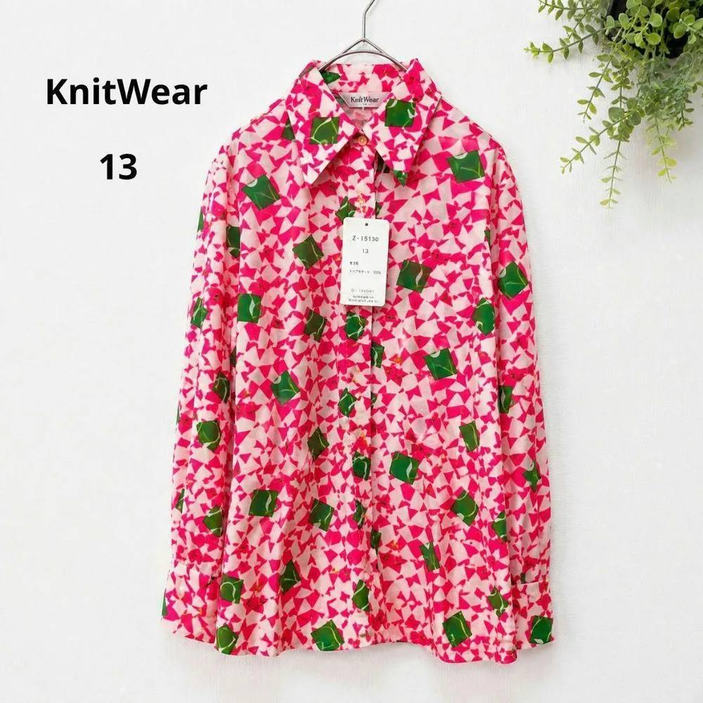 KnitWear 総柄 長袖シャツ 13号 L ピンクレトロ 日本製 レディース