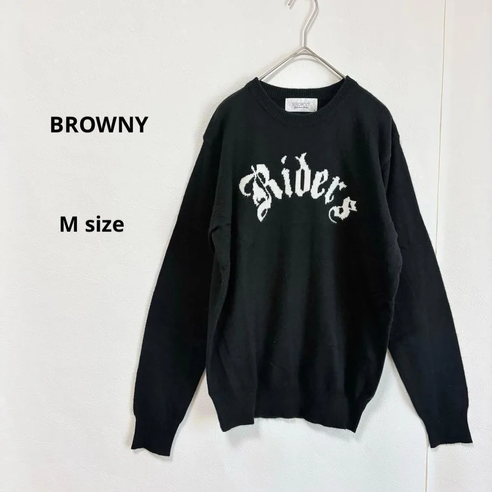 BROWNY ブラウニー クルーネックニットセーター M ブラック ロゴ 長袖