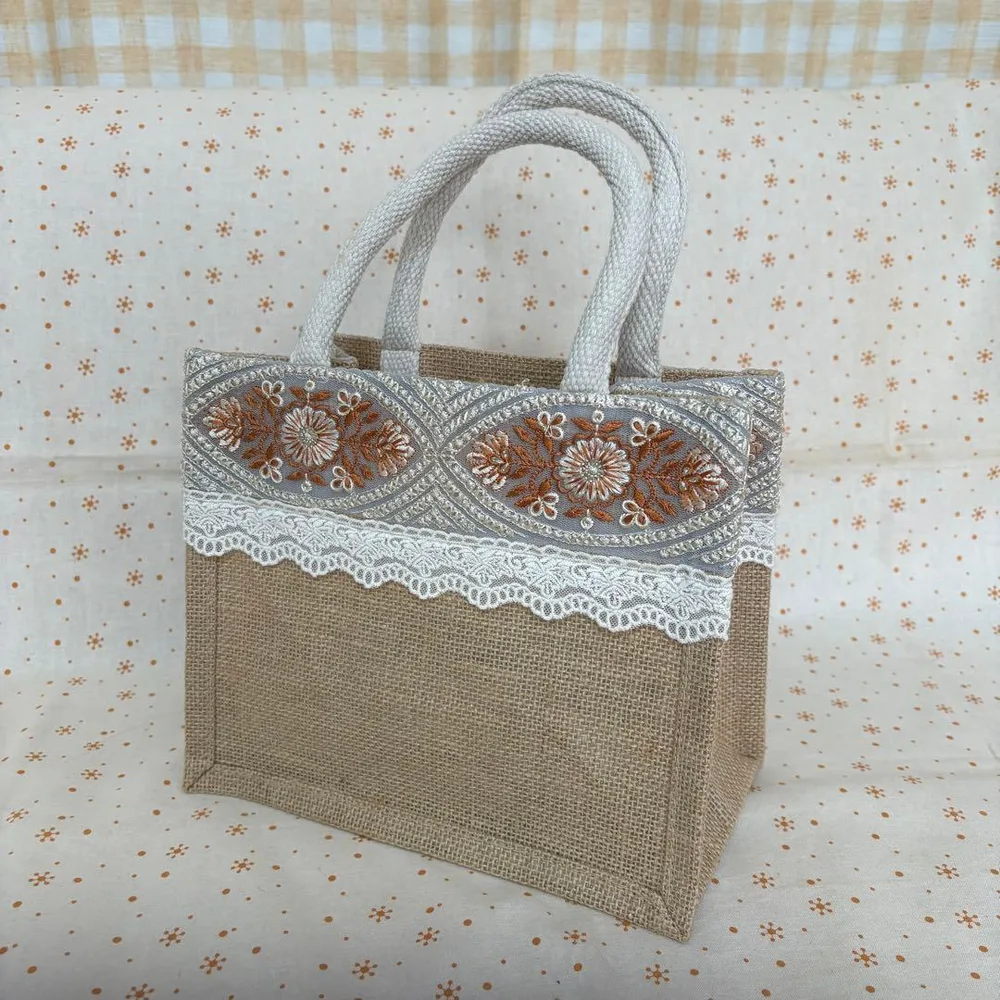 インド刺繍 麻布 トートバッグ 花柄 ブラウン ベージュ レース スパンコール