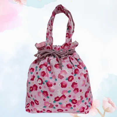 《ハンドメイド》和柄の巾着バッグ(ミニトート)No.27 うさぎと椿