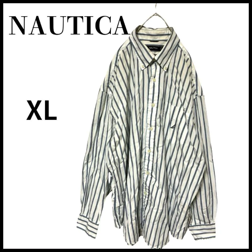 NAUTICA ノーティカ刺繍ロゴストライプシャツ 長袖 XLホワイト