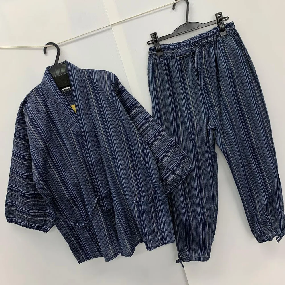 新品★メンズ★Lサイズ★縞柄 しじら 作務衣 さむえ 上下セット 紺色 4701