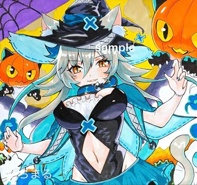 オリジナルイラスト【猫の魔女】 手描き アナログ 原画 色紙