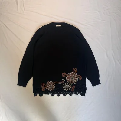 レトロ古着 花柄刺繍 ニット M レース切替 黒 日本製 ヴィンテージ