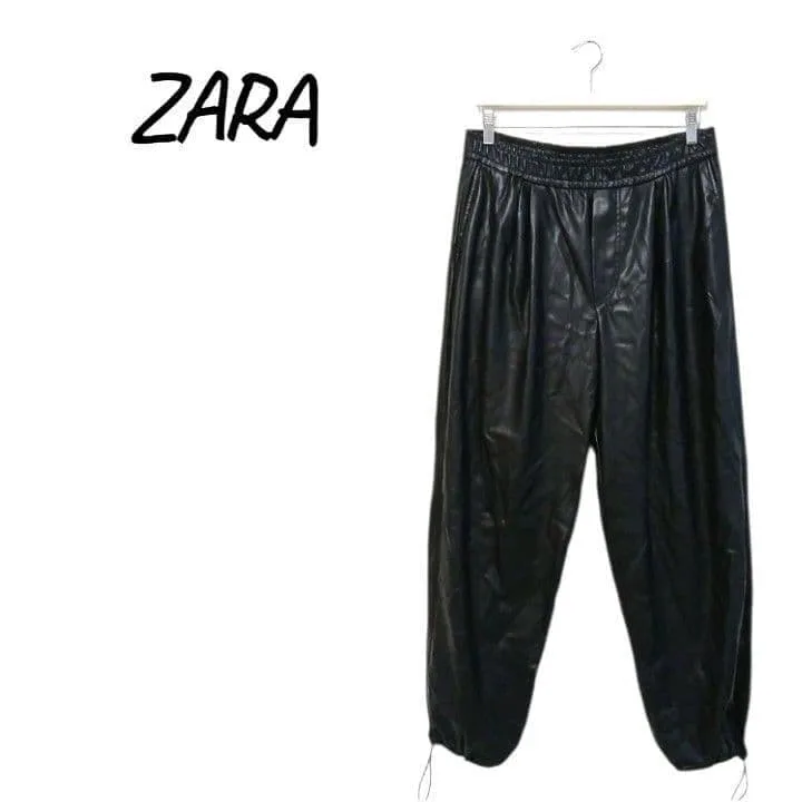 ZARA 【M】 フェイクレザー イージーパンツ ドローコード メンズ ブラック