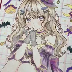 ハロウィン 魔女っ子 手描きイラスト 色紙 原画 オリジナル 女の子 紫系