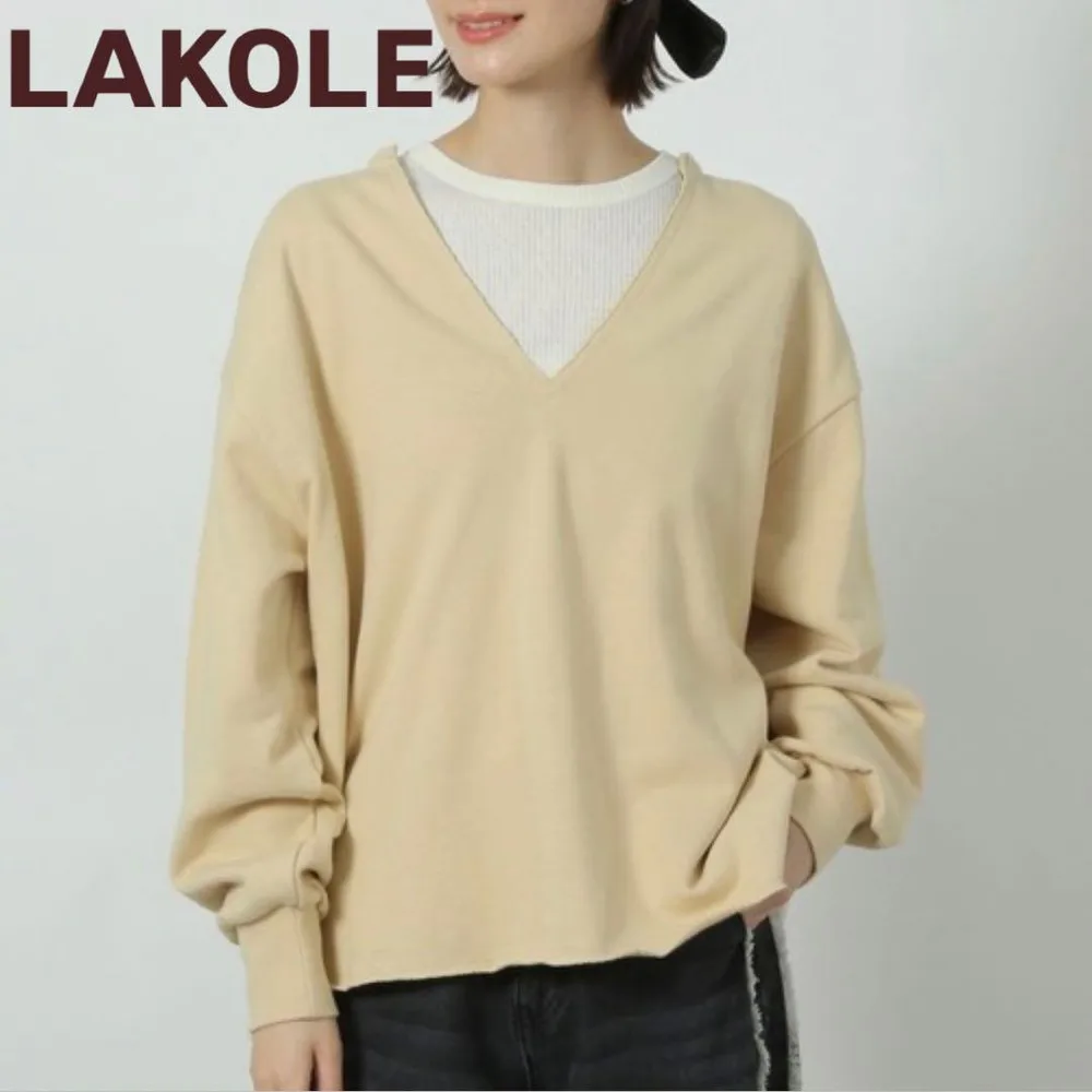 LAKOLE Vネック裏毛プルオーバー イエロー