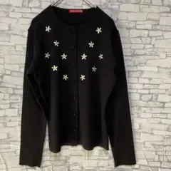 花柄刺繍 長袖カーディガン 黒 M ラム・アンゴラ混