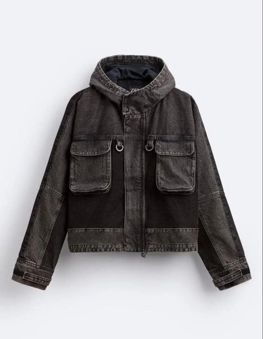 美品 ZARA 完売品 メンズコントラストフード付きデニムジャケット