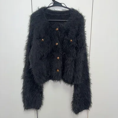 Louere ゴールドボタン シャギーニット カーディガン M ルエレ