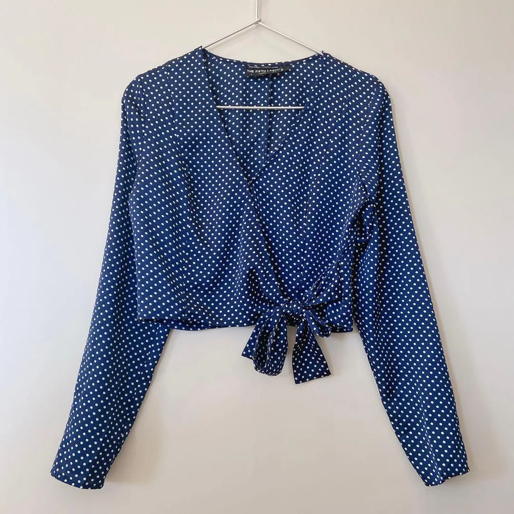 美品 The Fifth Label 長袖 ブラウス ショート丈 ドット 紺 S