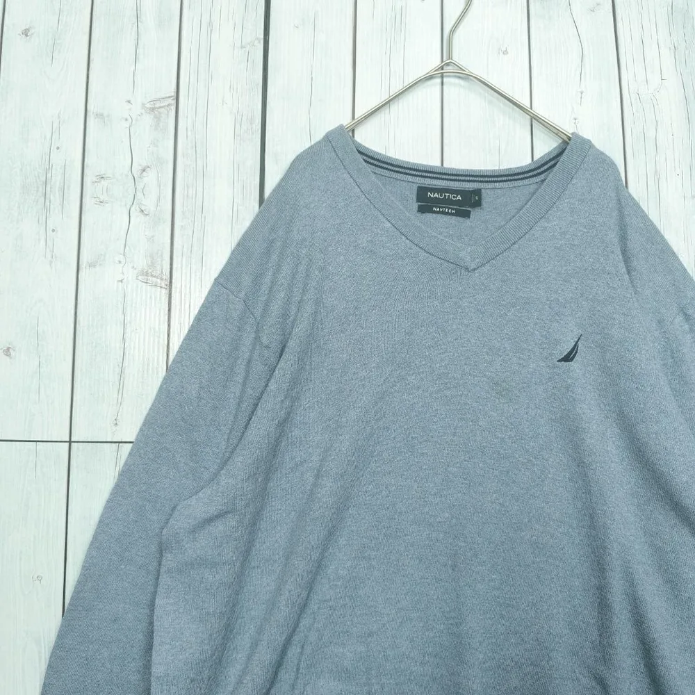 ノーティカ NAUTICA Vネックニット 薄手セーター 刺繍ロゴ ブルー XL