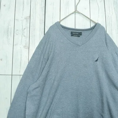 ノーティカ NAUTICA Vネックニット 薄手セーター 刺繍ロゴ ブルー XL