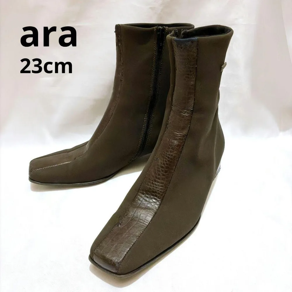 【訳あり】ara(アラ)ショートブーツ サイドジップ カーキ