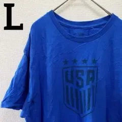 インポート【L】Tシャツ クルーネック 半袖 ロゴ ビッグシルエット 青 綿