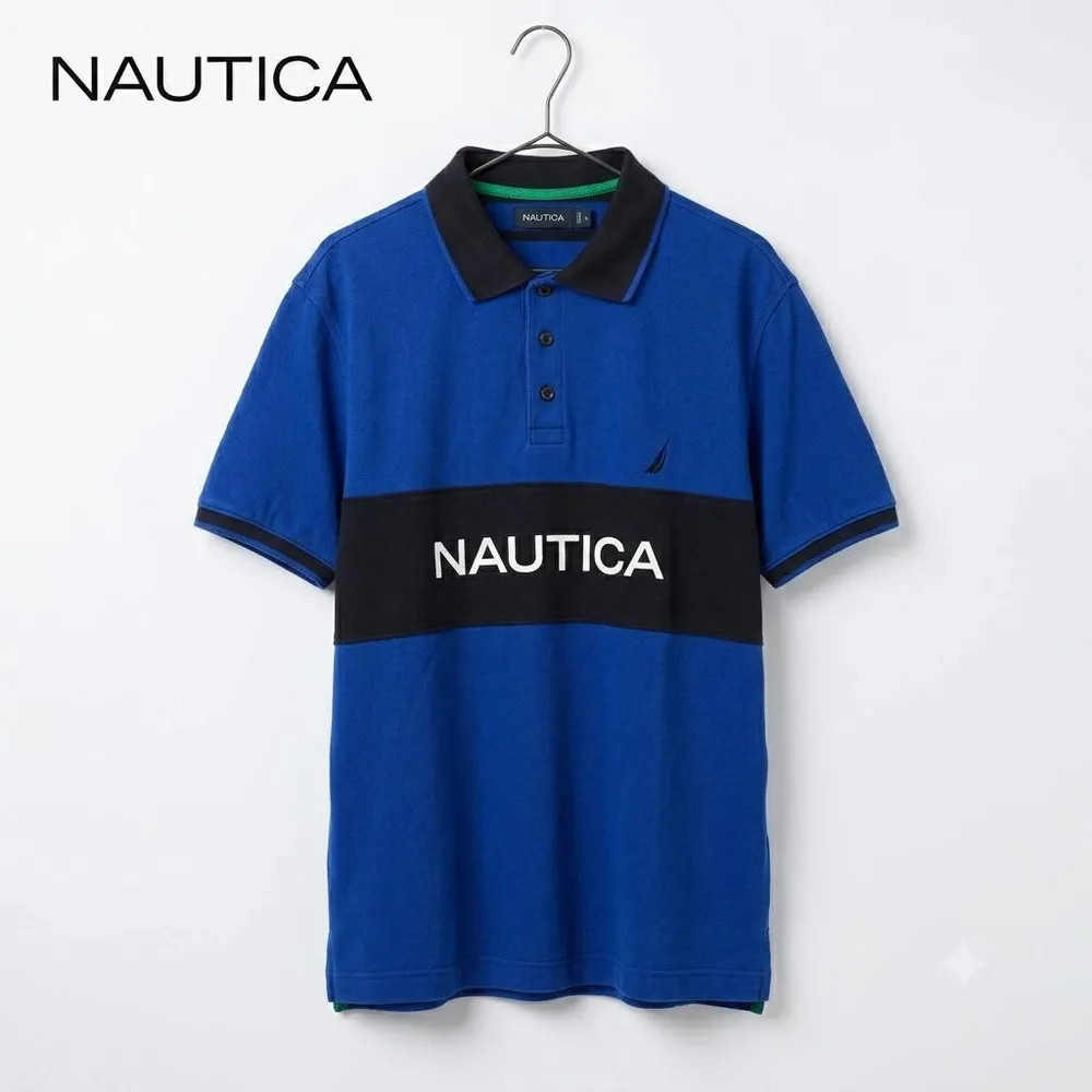 【人気デザイン】NAUTICA ストリート系 カラーブロック 刺繍 デカロゴ L